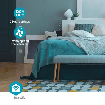 Ventoinha com uma elemento de aquecimento cerâmico Smartlife 1000/1500W/230V Wi-Fi Tuya + controlo remoto