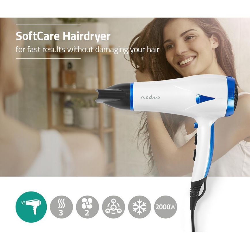 Secador de cabelo 2em1 2000W/230V branco/azul