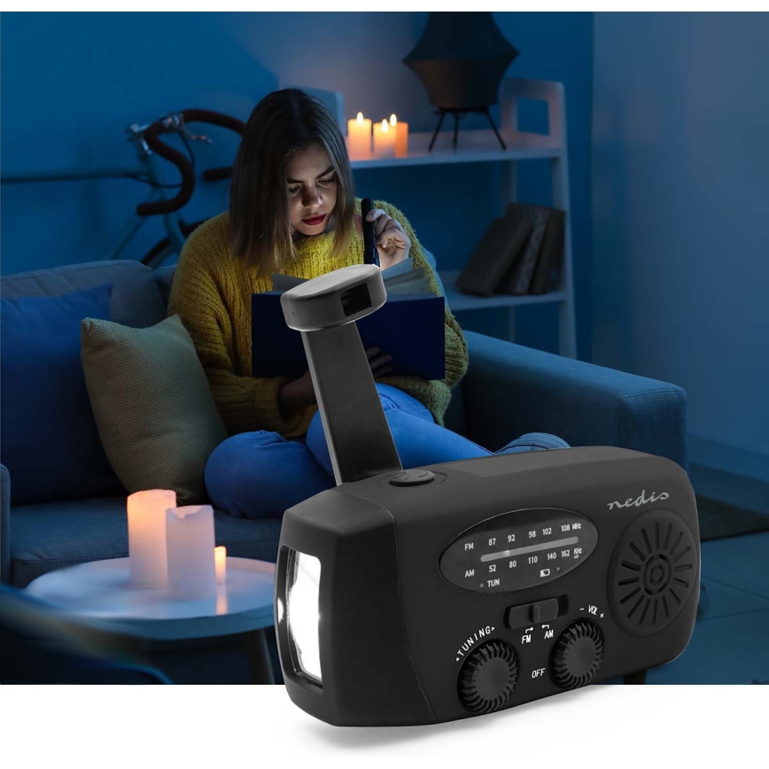 Rádio AM/FM com manivela, painel solar e lanterna LED 2000 mAh