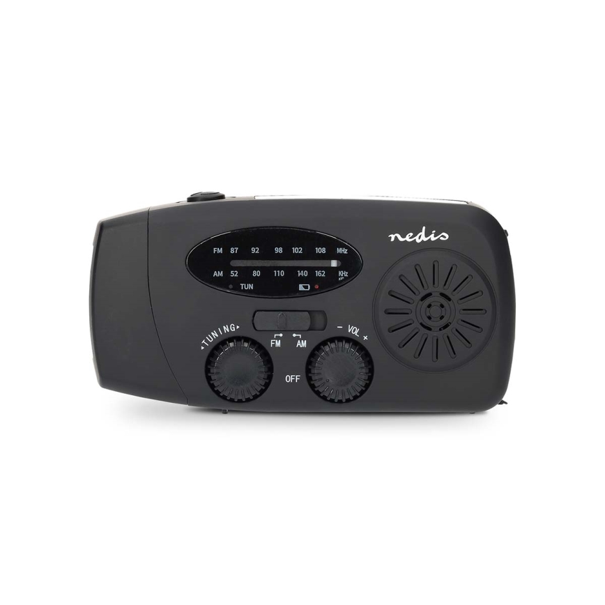 Rádio AM/FM com manivela, painel solar e lanterna LED 2000 mAh