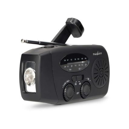 Rádio AM/FM com manivela, painel solar e lanterna LED 2000 mAh