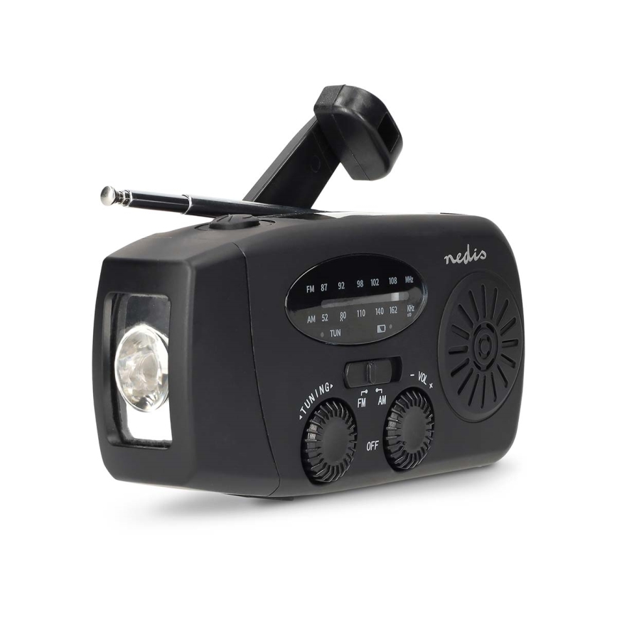 Rádio AM/FM com manivela, painel solar e lanterna LED 2000 mAh