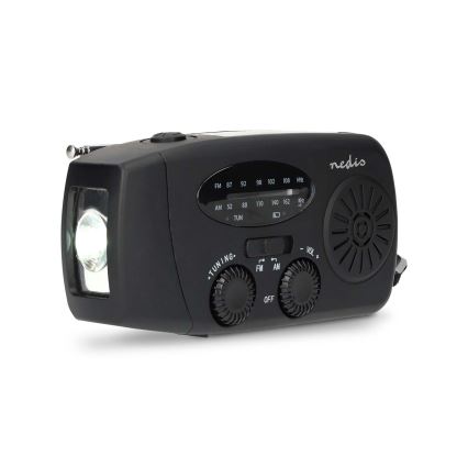 Rádio AM/FM com manivela, painel solar e lanterna LED 2000 mAh