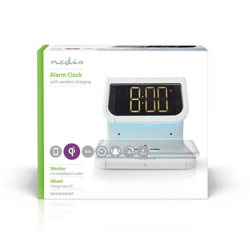 Relógio despertador com carregador sem fios LED/10W/230V branco