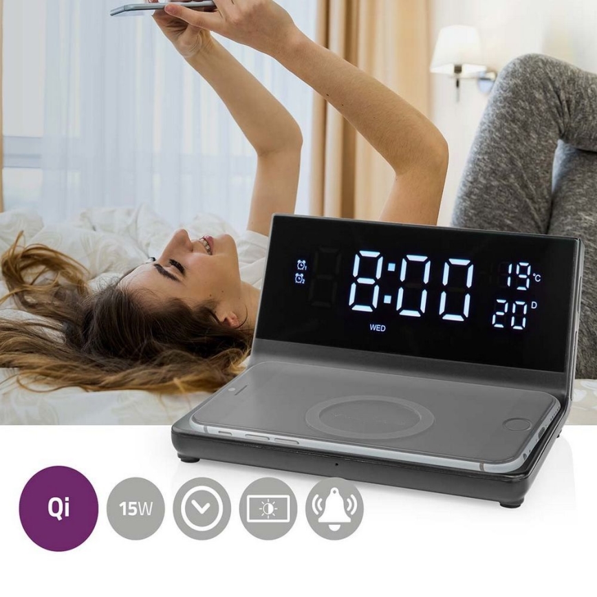 Relógio despertador com visor LCD e carregador sem fios 15W/230V preto