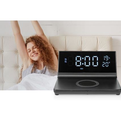 Relógio despertador com visor LCD e carregador sem fios 15W/230V preto