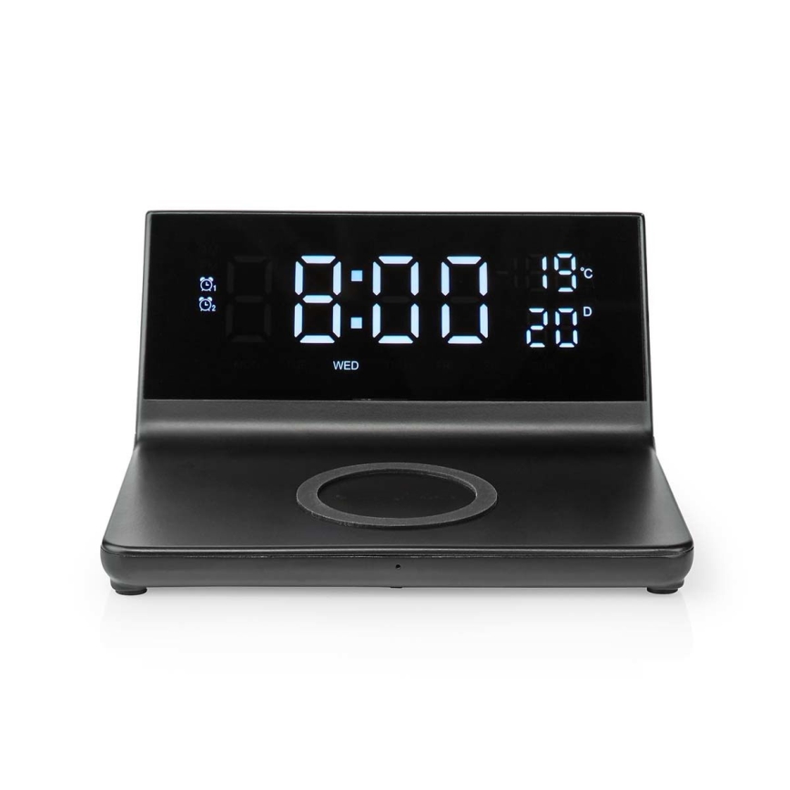 Relógio despertador com visor LCD e carregador sem fios 15W/230V preto