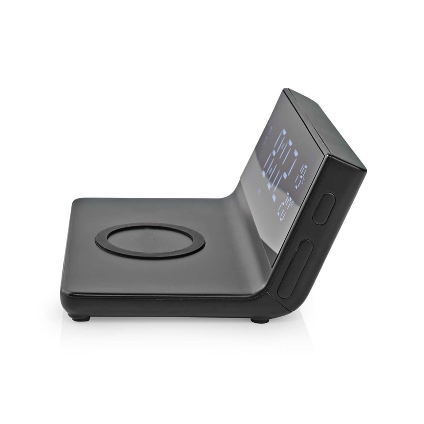 Relógio despertador com visor LCD e carregador sem fios 15W/230V preto