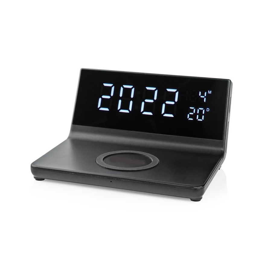 Relógio despertador com visor LCD e carregador sem fios 15W/230V preto