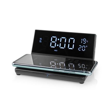Relógio despertador com visor LCD e carregador sem fios 15W/230V preto