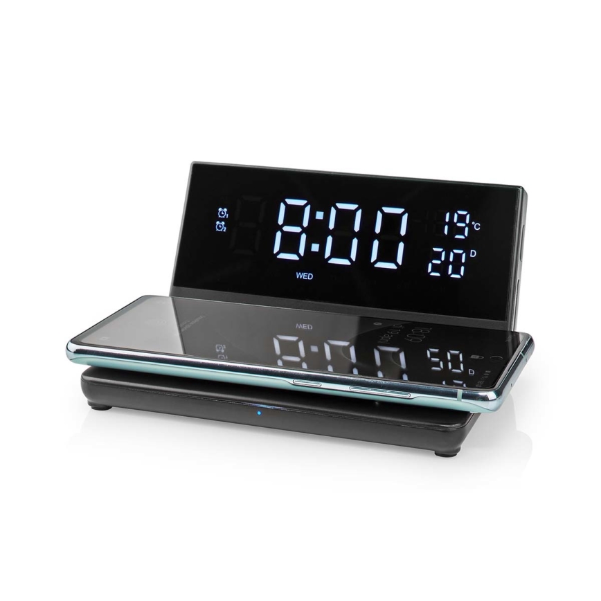 Relógio despertador com visor LCD e carregador sem fios 15W/230V preto