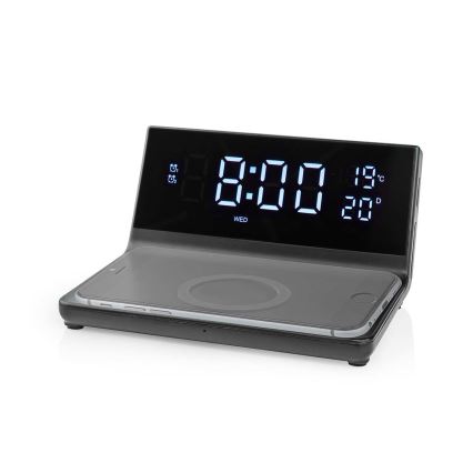 Relógio despertador com visor LCD e carregador sem fios 15W/230V preto