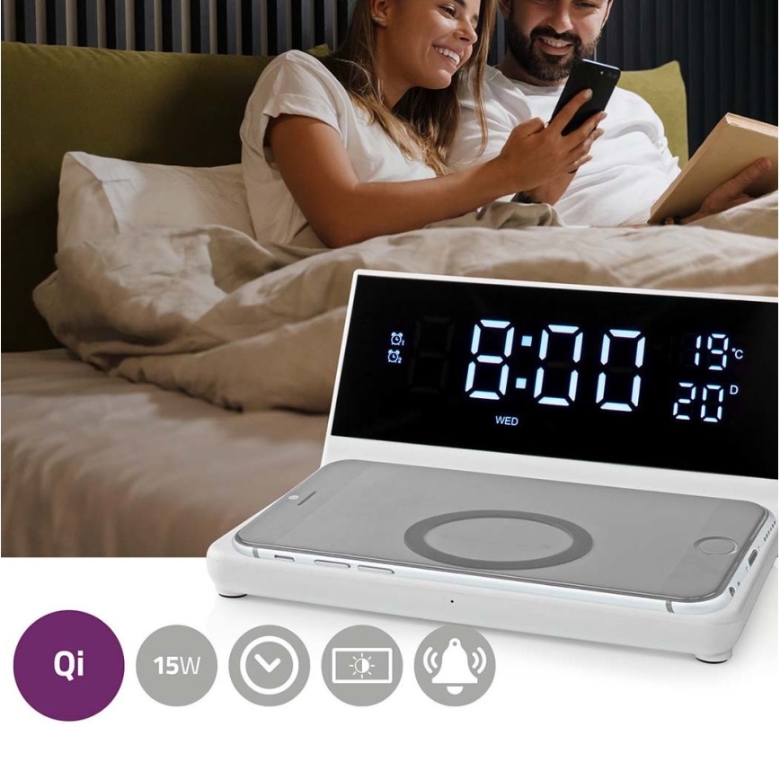 Despertador com visor LCD e sem fios carregador 15W/5V + 1xCR2032 branco