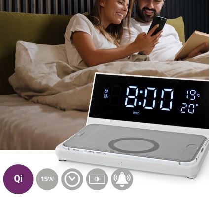 Relógio despertador com visor LCD e carregador sem fios 15W/230V branco