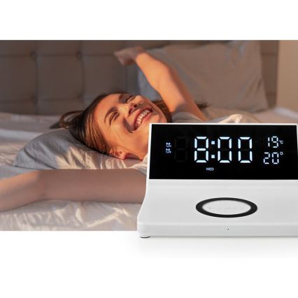 Relógio despertador com visor LCD e carregador sem fios 15W/230V branco