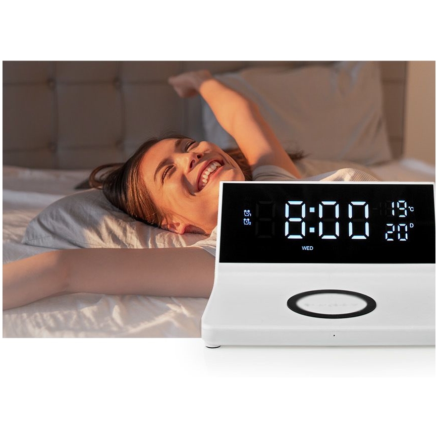 Relógio despertador com visor LCD e carregador sem fios 15W/230V branco