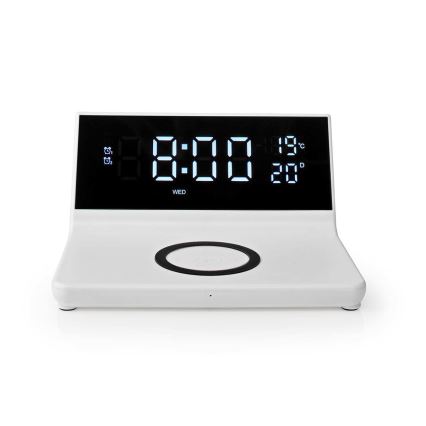 Relógio despertador com visor LCD e carregador sem fios 15W/230V branco