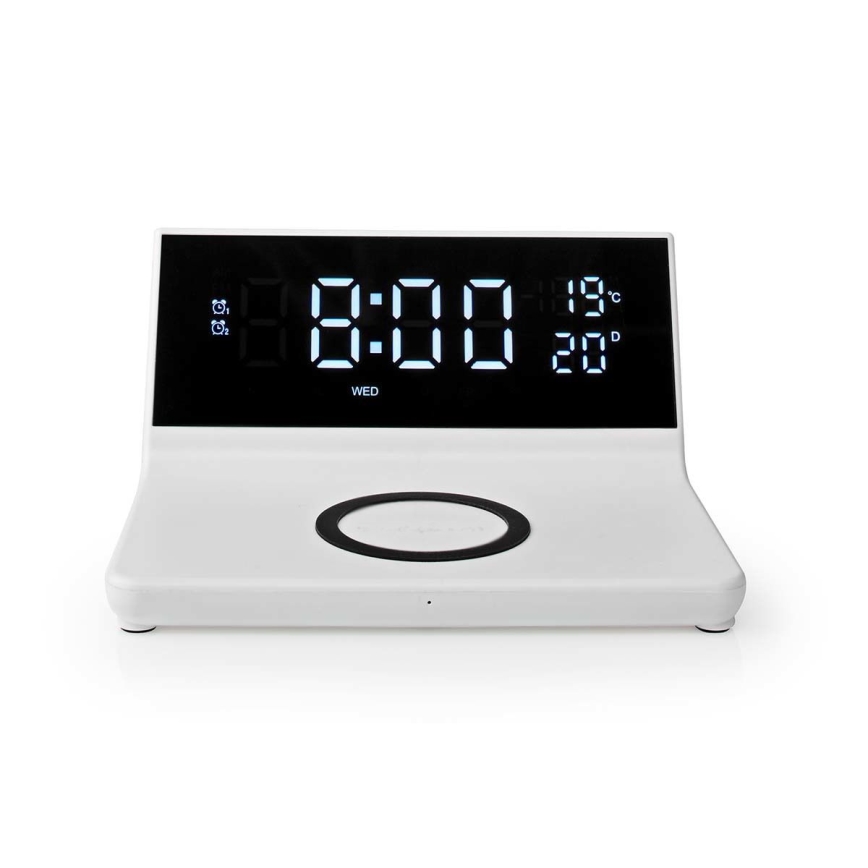 Relógio despertador com visor LCD e carregador sem fios 15W/230V branco