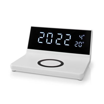 Relógio despertador com visor LCD e carregador sem fios 15W/230V branco