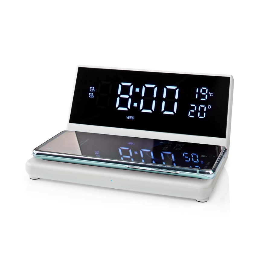 Relógio despertador com visor LCD e carregador sem fios 15W/230V branco