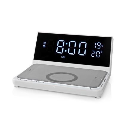 Relógio despertador com visor LCD e carregador sem fios 15W/230V branco