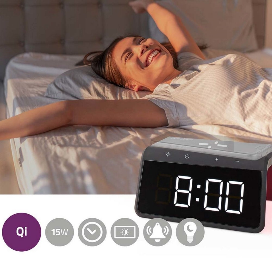 Relógio despertador com visor LCD e carregador sem fios 15W/230V preto