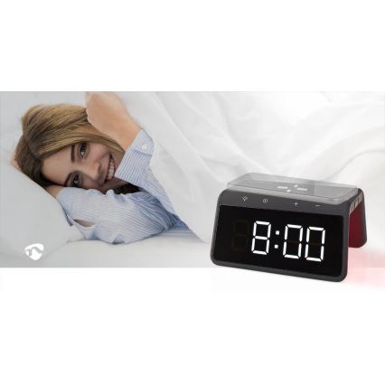 Relógio despertador com visor LCD e carregador sem fios 15W/230V preto