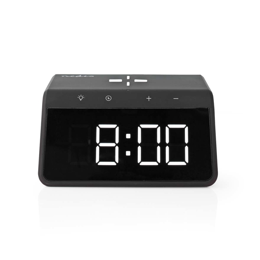 Relógio despertador com visor LCD e carregador sem fios 15W/230V preto