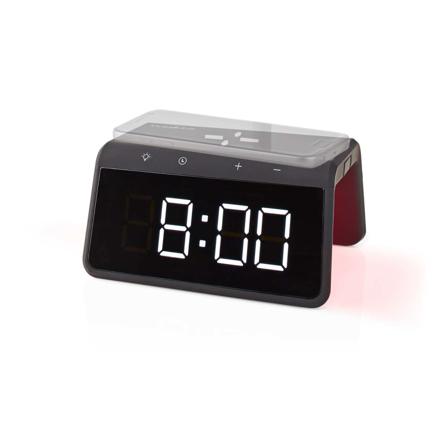 Relógio despertador com visor LCD e carregador sem fios 15W/230V preto
