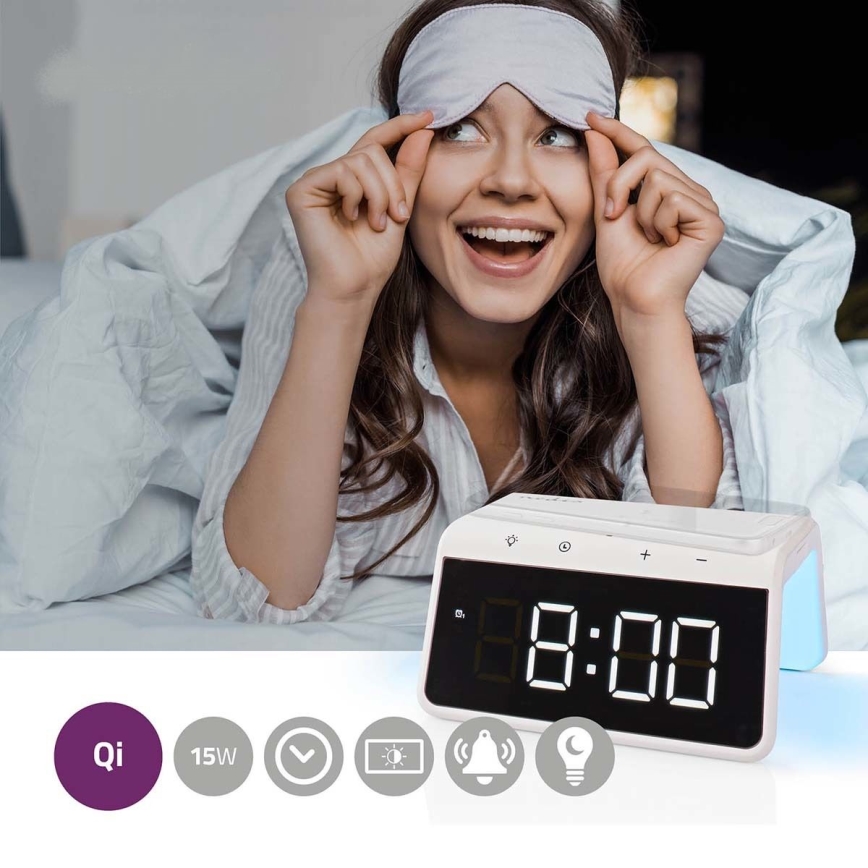 Relógio despertador com visor LCD e carregador sem fios 15W/230V branco