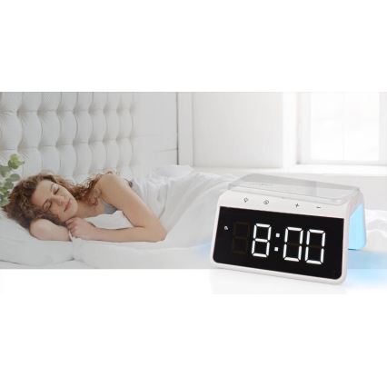 Relógio despertador com visor LCD e carregador sem fios 15W/230V branco
