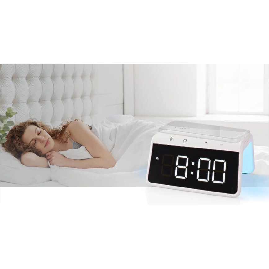 Relógio despertador com visor LCD e carregador sem fios 15W/230V branco