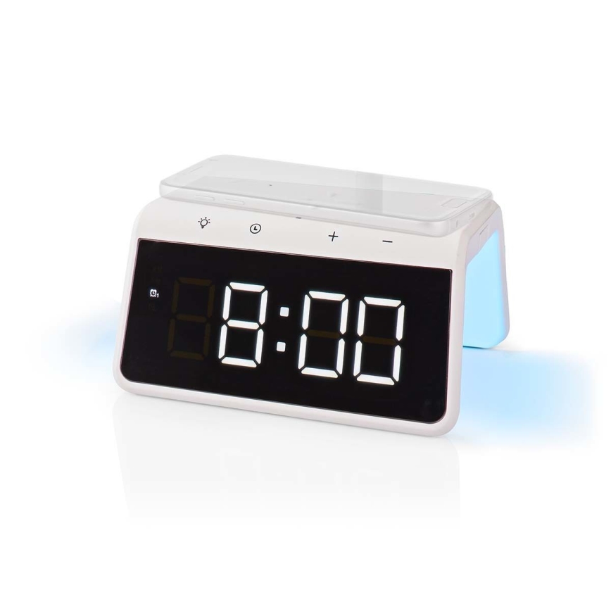 Relógio despertador com visor LCD e carregador sem fios 15W/230V branco