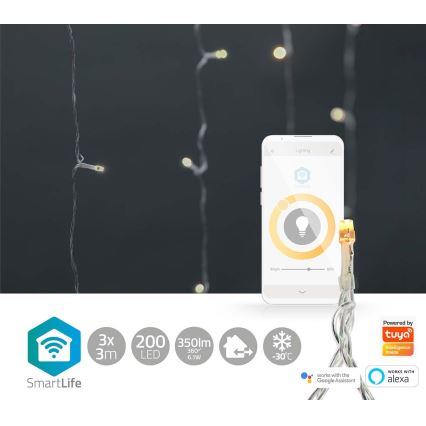 Cortina exterior de Natal LED 200xLED/8 funções 6m IP65 Wi-Fi Tuya branco quente