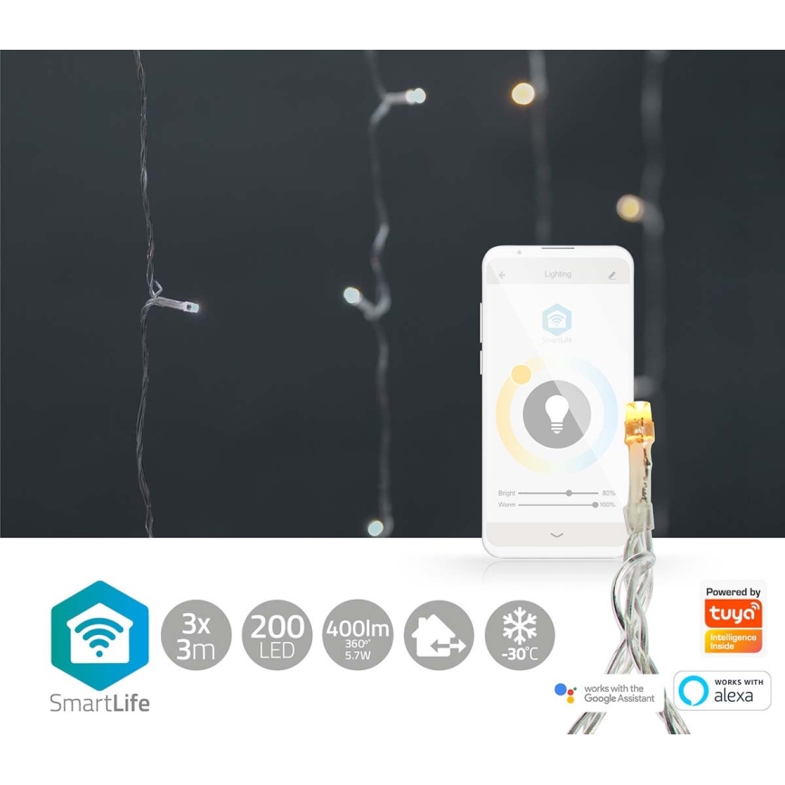 Cortina de Natal LED 200xLED/11 funções 6m IP65 Wi-Fi Tuya branco quente a frio