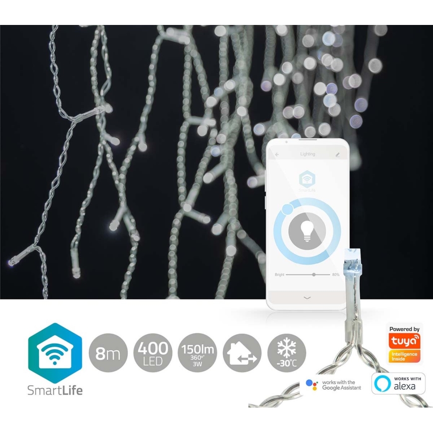 Cortina exterior de Natal LED 400xLED/8 funções 11m IP65 Wi-Fi Tuya branco frio
