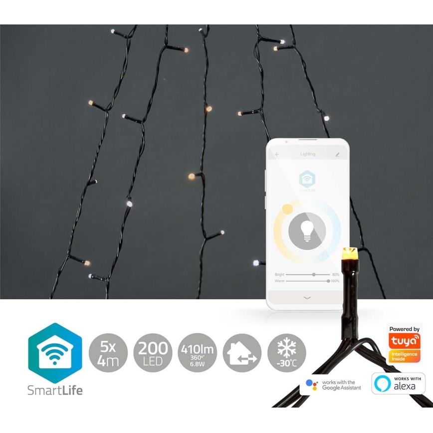Cortina exterior de Natal LED 200xLED/8 funções 5x7m IP65 Wi-Fi Tuya branco quente a frio