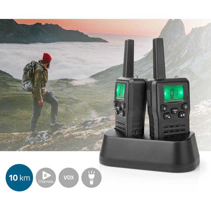 CONJUNTO 2x Walkie-talkie recarregável com iluminação LED 1300 mAh alcance 10 km