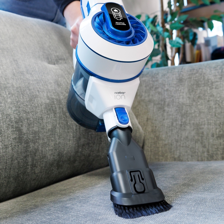 Niceboy ION Hurricane H5 - Aspirador vertical sem fios 2em1 150W/2200 mAh branco/azul