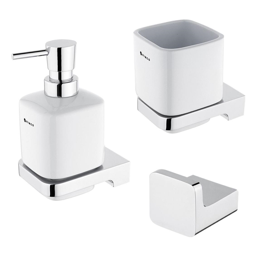 NIMCO MA conjunto-31K-26 - Distribuidor de sabonete de parede, suporte para escovas de dentes e gancho de parede MAYA 320 mm branco/cromado brilhante