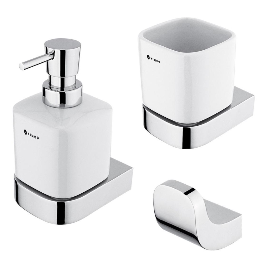 NIMCO NK conjunto-31K-26 - Distribuidor de sabonete de parede, suporte para escovas de dentes e gancho de parede NIKAU 320 mm branco/cromado brilhante