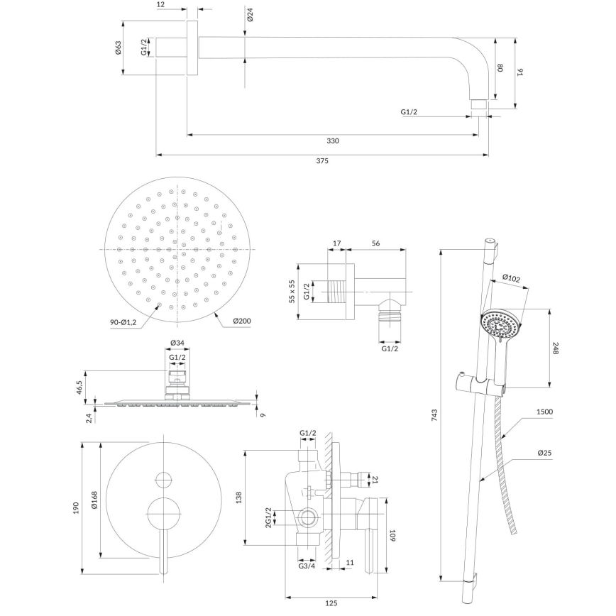 OMNIRES SYSY17CR - Conjunto de duche com torneira embutida Y cromado brilhante