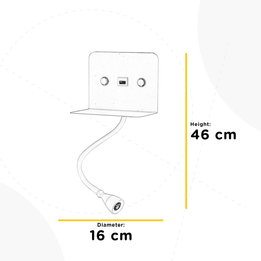 ONLI - Candeeiro pequeno flexível LED com prateleira e carregamento USB PLAK LED/1W/230V branco