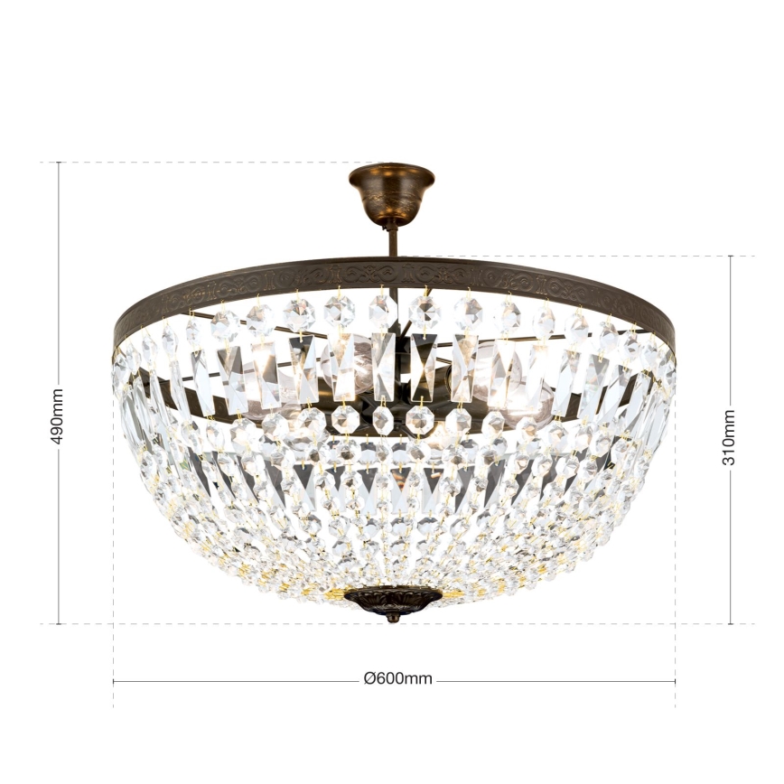 Candeeiro suspenso de cristal ARILA 6xE27/60W/230V diâmetro 60 cm castanho/pátina