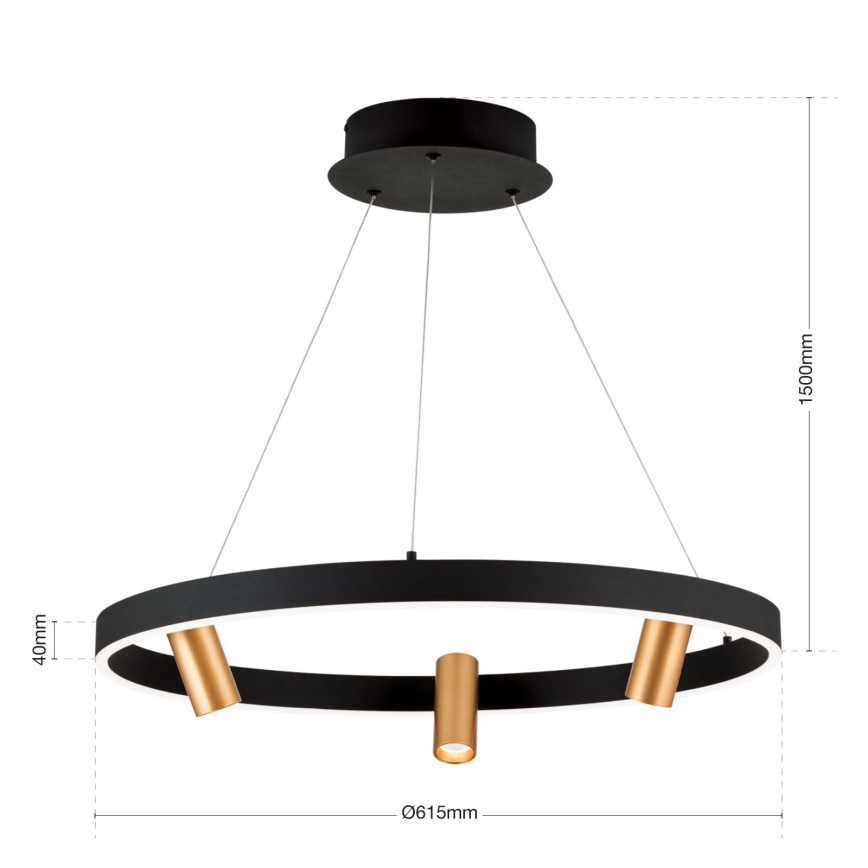 Candeeiro suspenso LED com regulação BERLIN LED/50W/230V preto/dourado