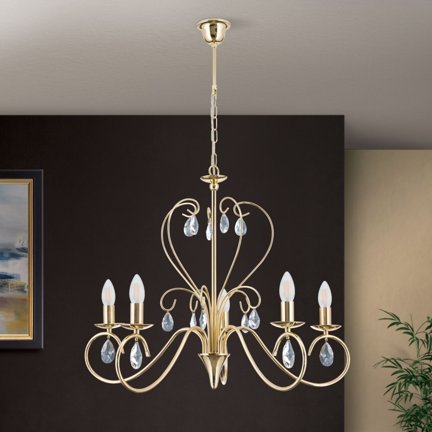 Candeeiro suspenso de cristal ALESSIA 5xE14/40W/230V dourado