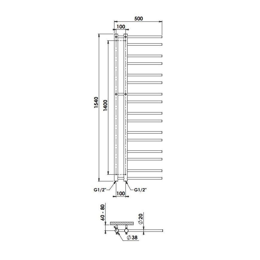 P.M.H. T2B-L - Radiador-toalheiro para casa de banho THEIA 352W 154 cm esquerdo/preto