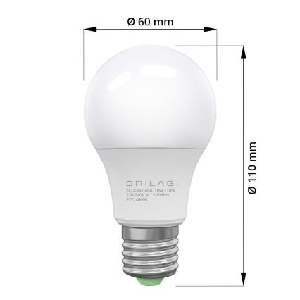 PACK 4x Lâmpadas LED ECOLINE A60 E27/10W/230V 4,000K - Brilagi