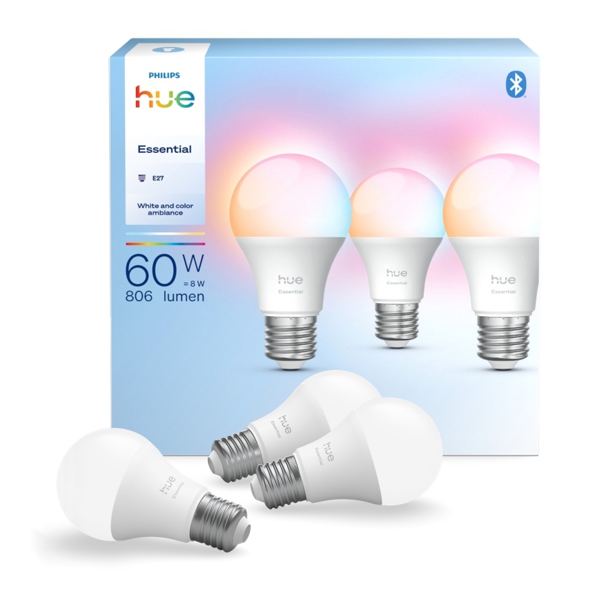 Pack de 3 lâmpadas LED reguláveis Philips Hue White and Color Ambiance Essential E27/8W/230V 2200-6500K