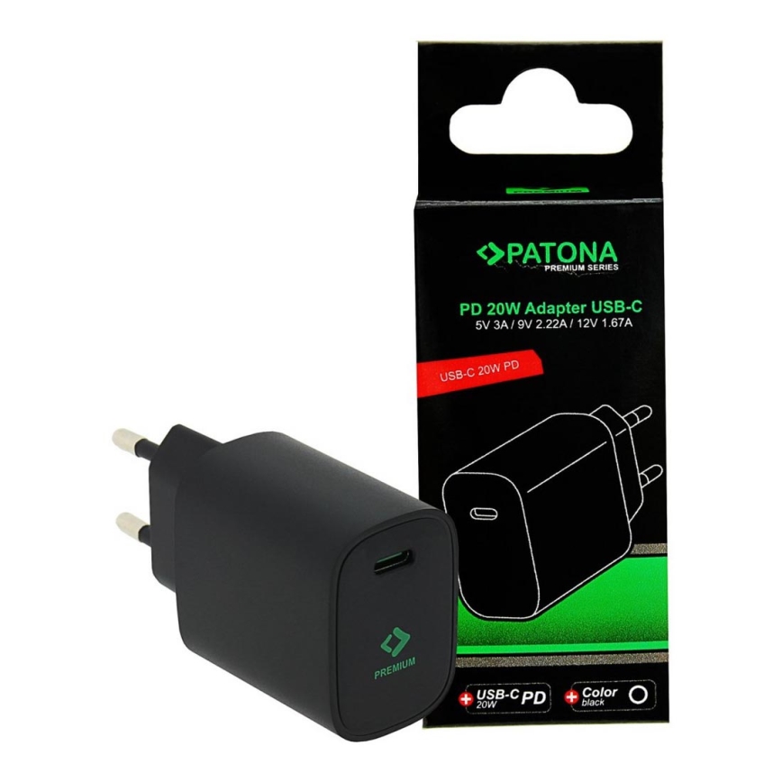 PATONA - Adaptador de carregamento USB-C Power delivery 20W/230V preto